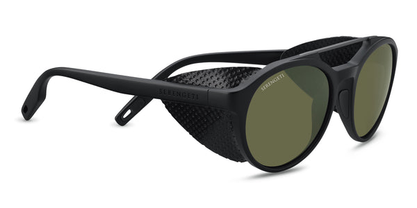 Serengeti Leandro Glacier 8585 - Satin Black/Satin Dark Gunmetal, Black  Leather, Polarized 555nm, Photochromic Lenses